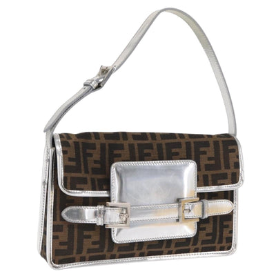 FENDI Zucca Canvas Shoulder Bag Black Brown Auth 169711V
