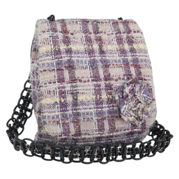 CHANEL Chain Camelia Shoulder Bag Tweed Multicolor Silver CC Auth 169721SAV
