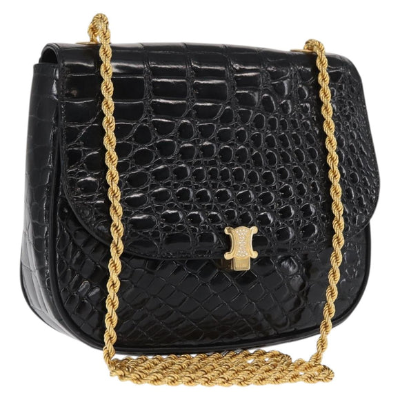 CELINE Chain Shoulder Bag Croco Embossed Black Gold Auth 169732V