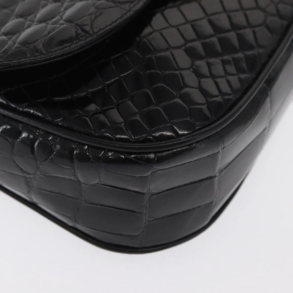 CELINE Chain Shoulder Bag Croco Embossed Black Gold Auth 169732V
