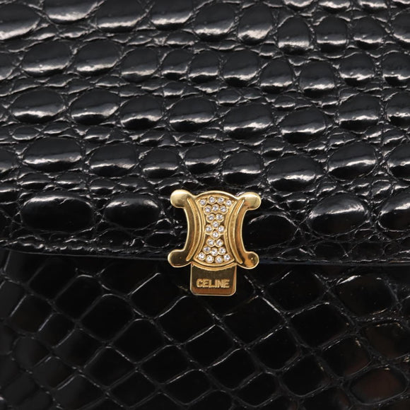 CELINE Chain Shoulder Bag Croco Embossed Black Gold Auth 169732V