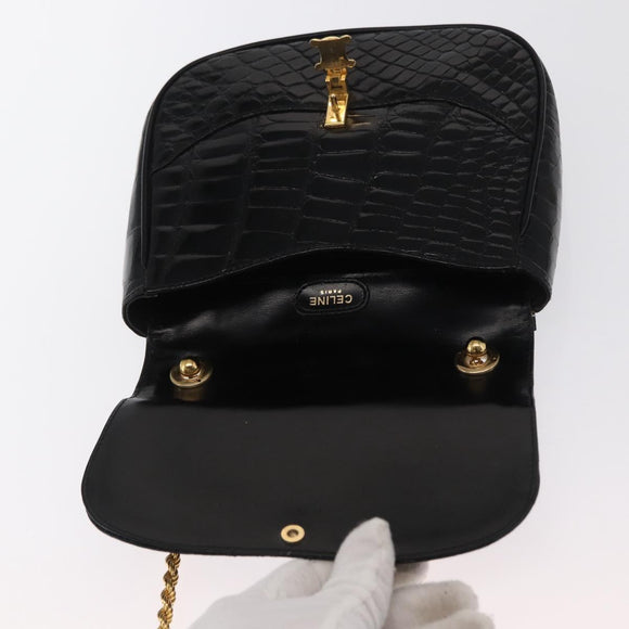 CELINE Chain Shoulder Bag Croco Embossed Black Gold Auth 169732V
