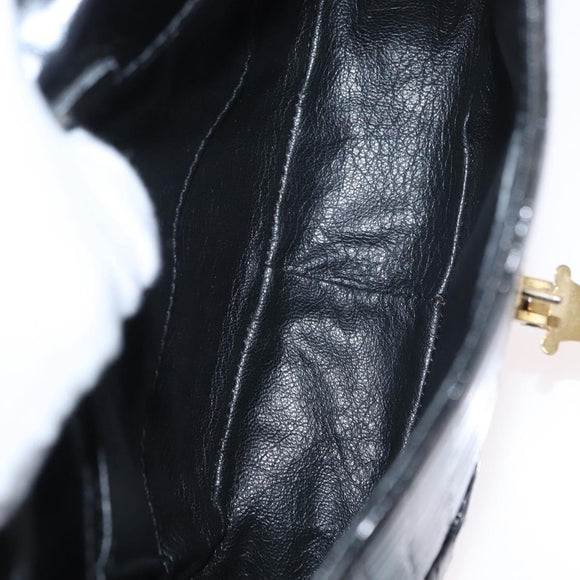 CELINE Chain Shoulder Bag Croco Embossed Black Gold Auth 169732V