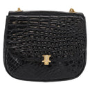 CELINE Chain Shoulder Bag Croco Embossed Black Gold Auth 169732V-13