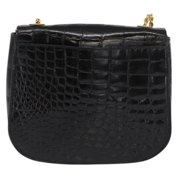 CELINE Chain Shoulder Bag Croco Embossed Black Gold Auth 169732V - 0