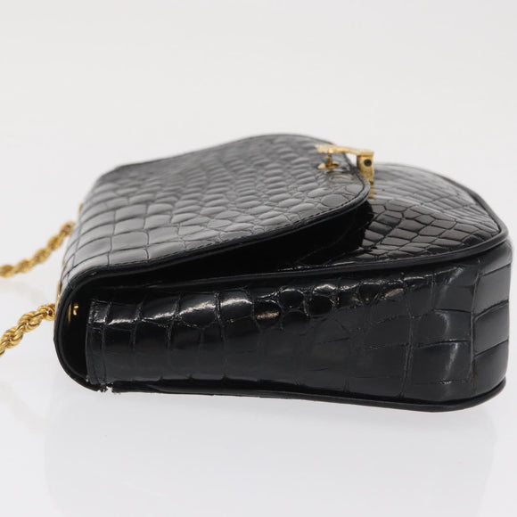 CELINE Chain Shoulder Bag Croco Embossed Black Gold Auth 169732V