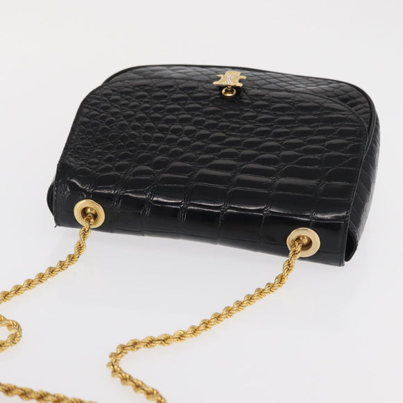CELINE Chain Shoulder Bag Croco Embossed Black Gold Auth 169732V