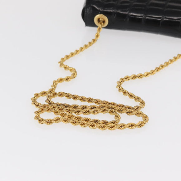 CELINE Chain Shoulder Bag Croco Embossed Black Gold Auth 169732V