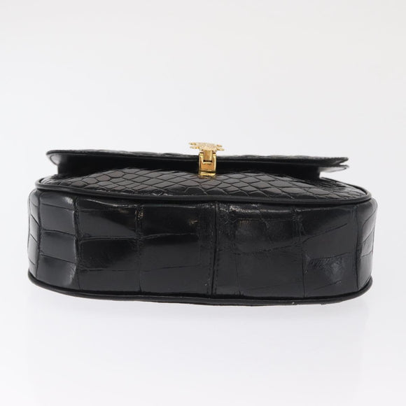 CELINE Chain Shoulder Bag Croco Embossed Black Gold Auth 169732V