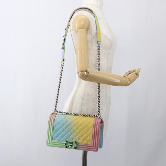 CHANEL Boy Chanel Medium Chain Bag Caviar Skin Multicolor CC Auth 169741SM