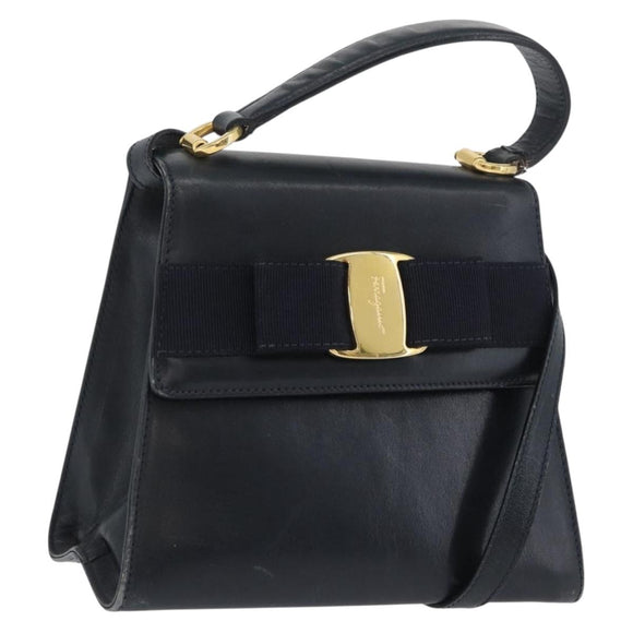 Salvatore Ferragamo Vala Hand Bag Leather 2way Navy Gold Auth 169747