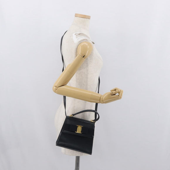 Salvatore Ferragamo Vala Hand Bag Leather 2way Navy Gold Auth 169747