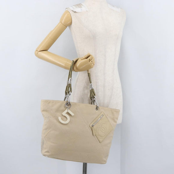 CHANEL Tote Bag No5 Canvas Beige Silver CC Auth 169753