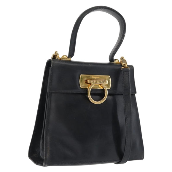 Salvatore Ferragamo Gancini Hand Bag Leather 2way Navy Gold Auth 169755