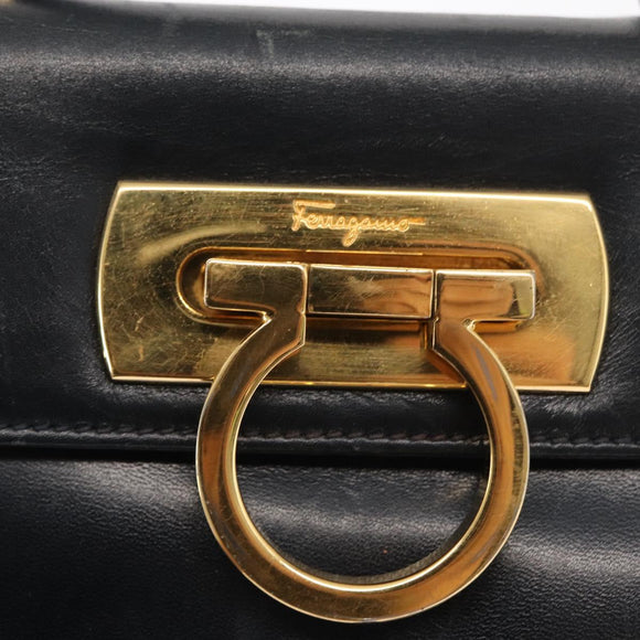 Salvatore Ferragamo Gancini Hand Bag Leather 2way Navy Gold Auth 169755