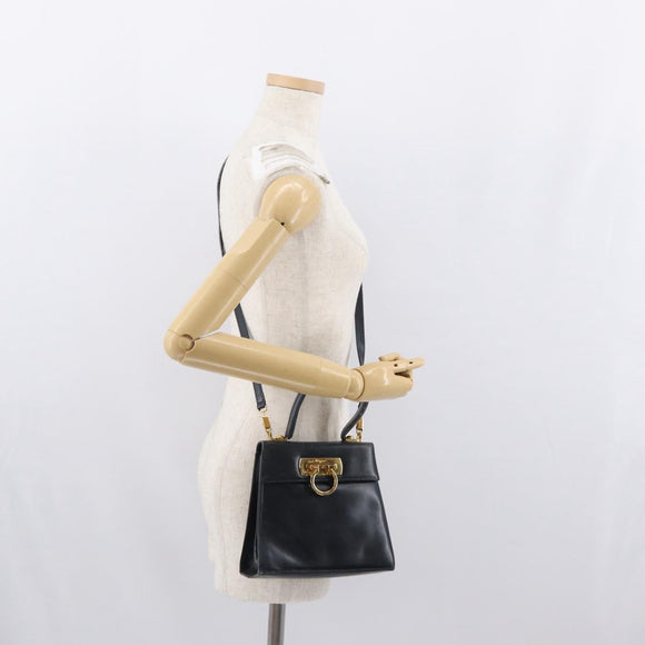 Salvatore Ferragamo Gancini Hand Bag Leather 2way Navy Gold Auth 169755