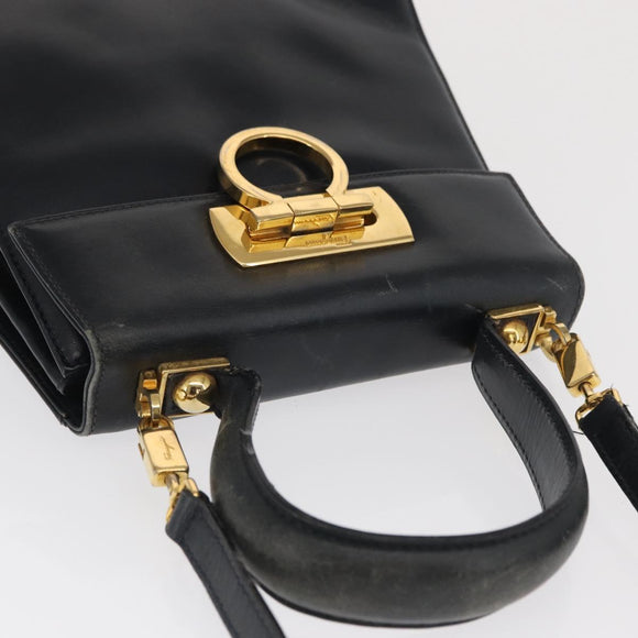 Salvatore Ferragamo Gancini Hand Bag Leather 2way Navy Gold Auth 169755