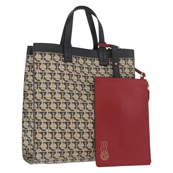 Salvatore Ferragamo Gancini Hand Bag PVC 2way Beige Gold Auth 169765