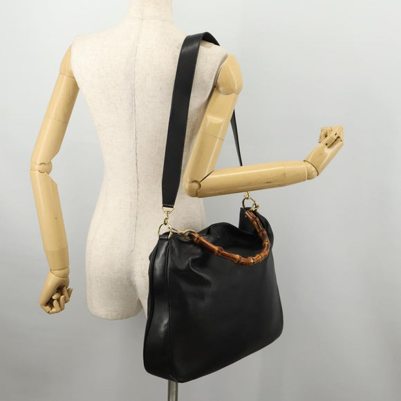 GUCCI Bamboo Hand Bag Leather 2way Black Gold Auth 169781