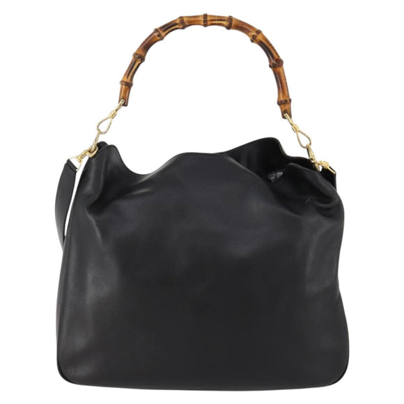 GUCCI Bamboo Hand Bag Leather 2way Black Gold Auth 169781