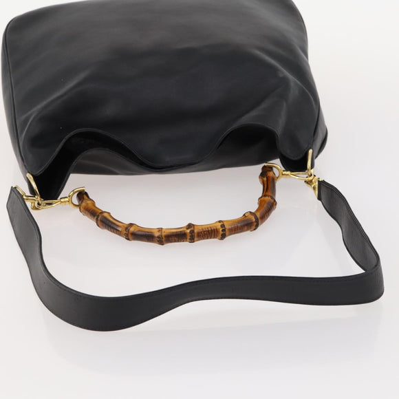 GUCCI Bamboo Hand Bag Leather 2way Black Gold Auth 169781