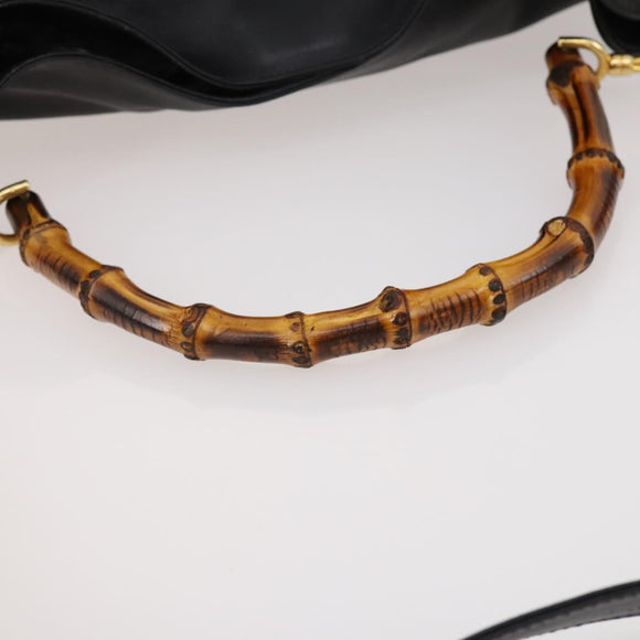 GUCCI Bamboo Hand Bag Leather 2way Black Gold Auth 169781