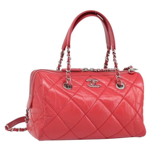 CHANEL Chain Boston Bag Leather 2way Red Silver CC Auth 169810SAM
