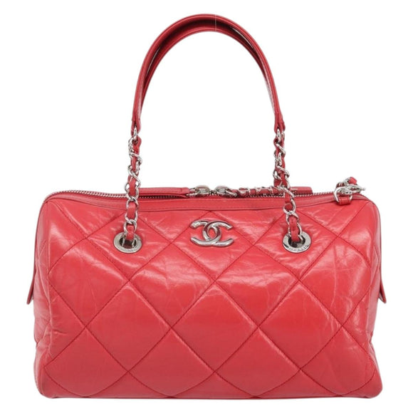 CHANEL Chain Boston Bag Leather 2way Red Silver CC Auth 169810SAM