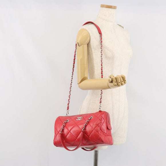 CHANEL Chain Boston Bag Leather 2way Red Silver CC Auth 169810SAM