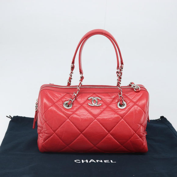 CHANEL Chain Boston Bag Leather 2way Red Silver CC Auth 169810SAM