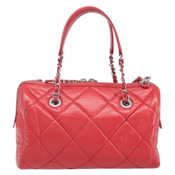CHANEL Chain Boston Bag Leather 2way Red Silver CC Auth 169810SAM
