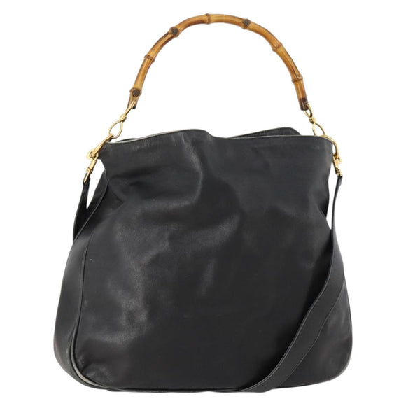 GUCCI Bamboo Shoulder Bag Leather 2way Black Gold 001 1577 2615 Auth 169863