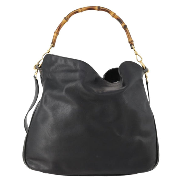 GUCCI Bamboo Shoulder Bag Leather 2way Black Gold 001 1577 2615 Auth 169863