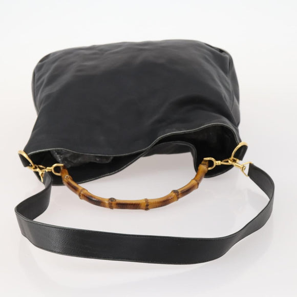 GUCCI Bamboo Shoulder Bag Leather 2way Black Gold 001 1577 2615 Auth 169863