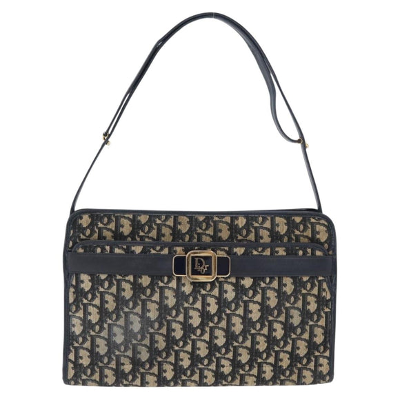 Christian Dior Trotter Canvas Shoulder Bag Navy Gold Auth 169874