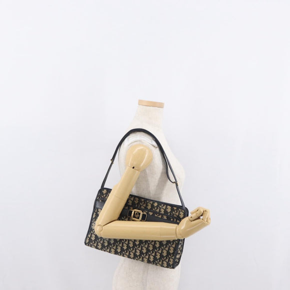Christian Dior Trotter Canvas Shoulder Bag Navy Gold Auth 169874