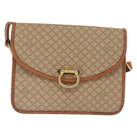 CELINE Macadam Canvas Shoulder Bag PVC Leather Beige Gold Auth 169877