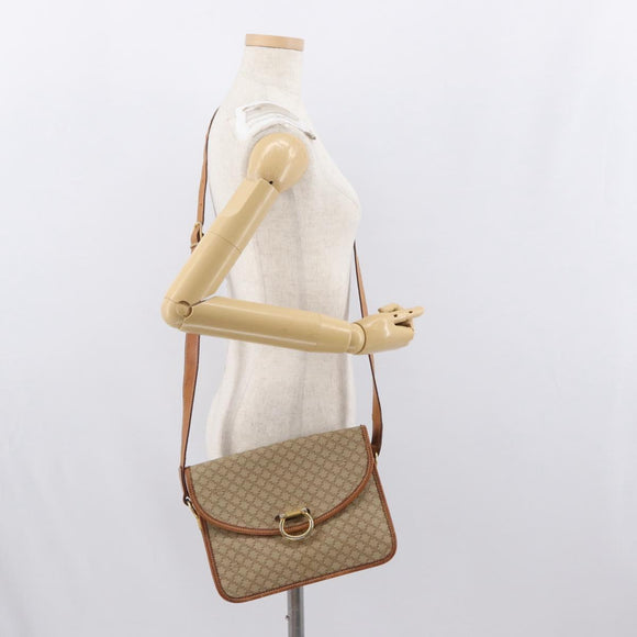 CELINE Macadam Canvas Shoulder Bag PVC Leather Beige Gold Auth 169877