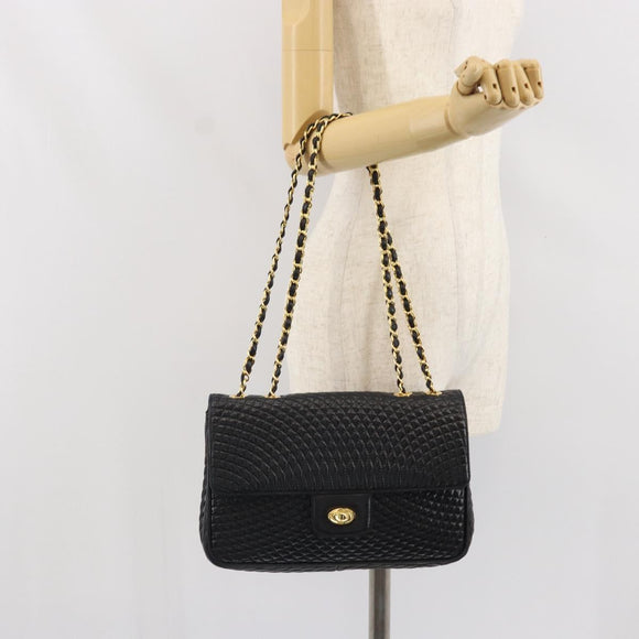 BALLY Chain Shoulder Bag Leather Black Gold Auth 169878V