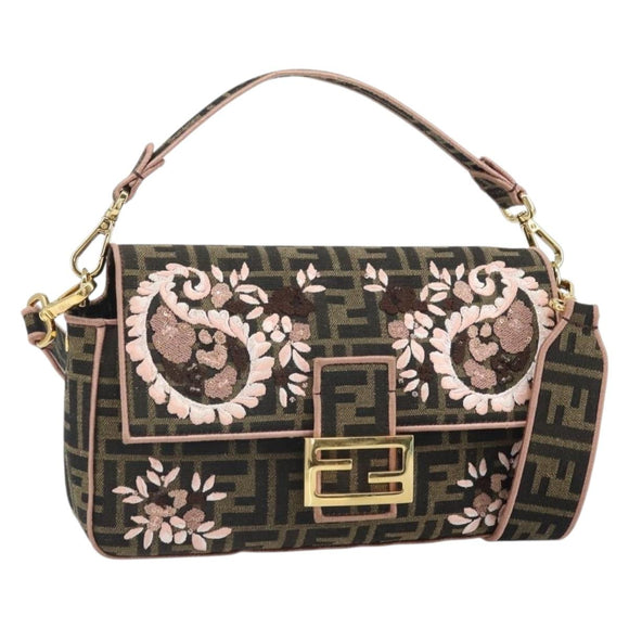 FENDI Zucca Canvas Shoulder Bag Black Brown gold Auth 169895SAM