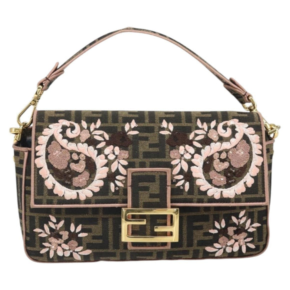 FENDI Zucca Canvas Shoulder Bag Black Brown gold Auth 169895SAM