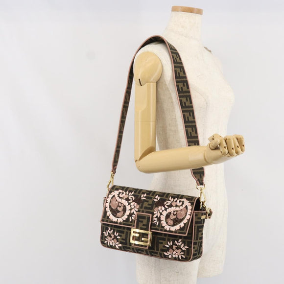 FENDI Zucca Canvas Shoulder Bag Black Brown gold Auth 169895SAM