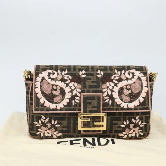 FENDI Zucca Canvas Shoulder Bag Black Brown gold Auth 169895SAM