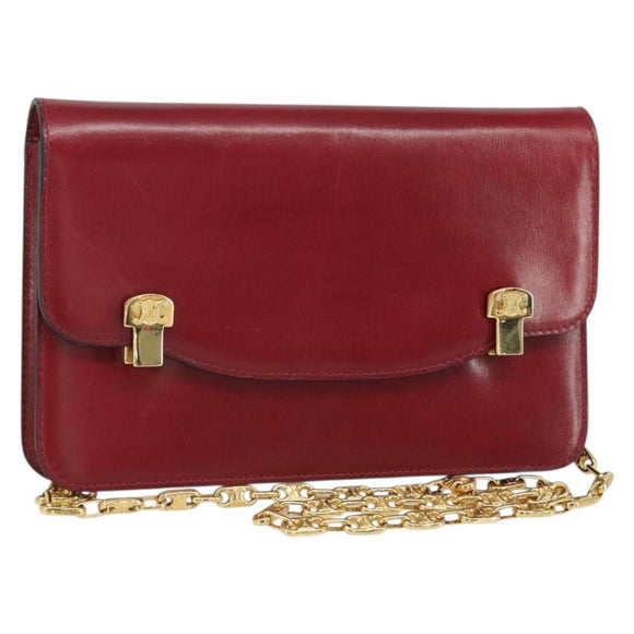CELINE Chain Shoulder Bag Leather Red Gold Auth 169898V