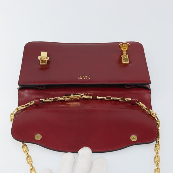 CELINE Chain Shoulder Bag Leather Red Gold Auth 169898V