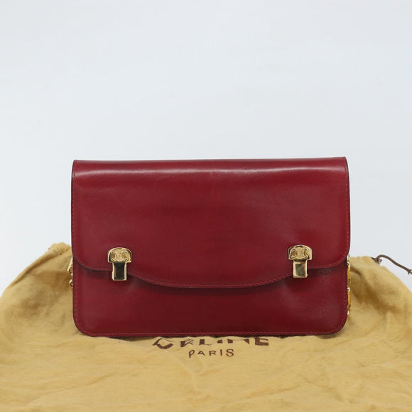 CELINE Chain Shoulder Bag Leather Red Gold Auth 169898V