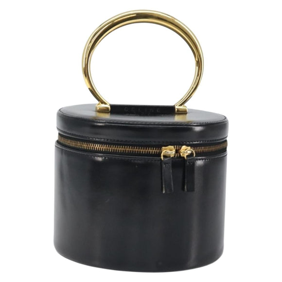 CELINE Vanity Hand Bag Leather Black Gold Auth 169907V