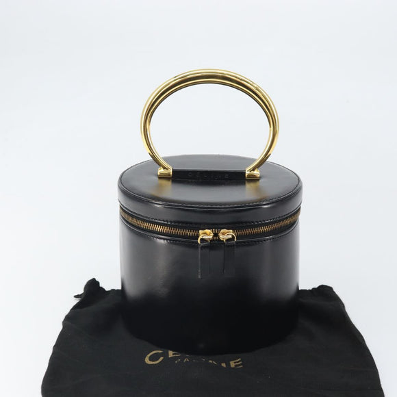 CELINE Vanity Hand Bag Leather Black Gold Auth 169907V