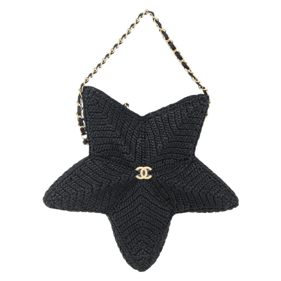 CHANEL Ketting Schoudertas Raffia 2-weg Zwart Goud CC Auth 169908SM