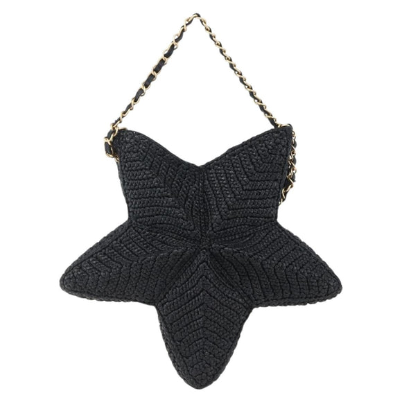 CHANEL Ketting Schoudertas Raffia 2-weg Zwart Goud CC Auth 169908SM
